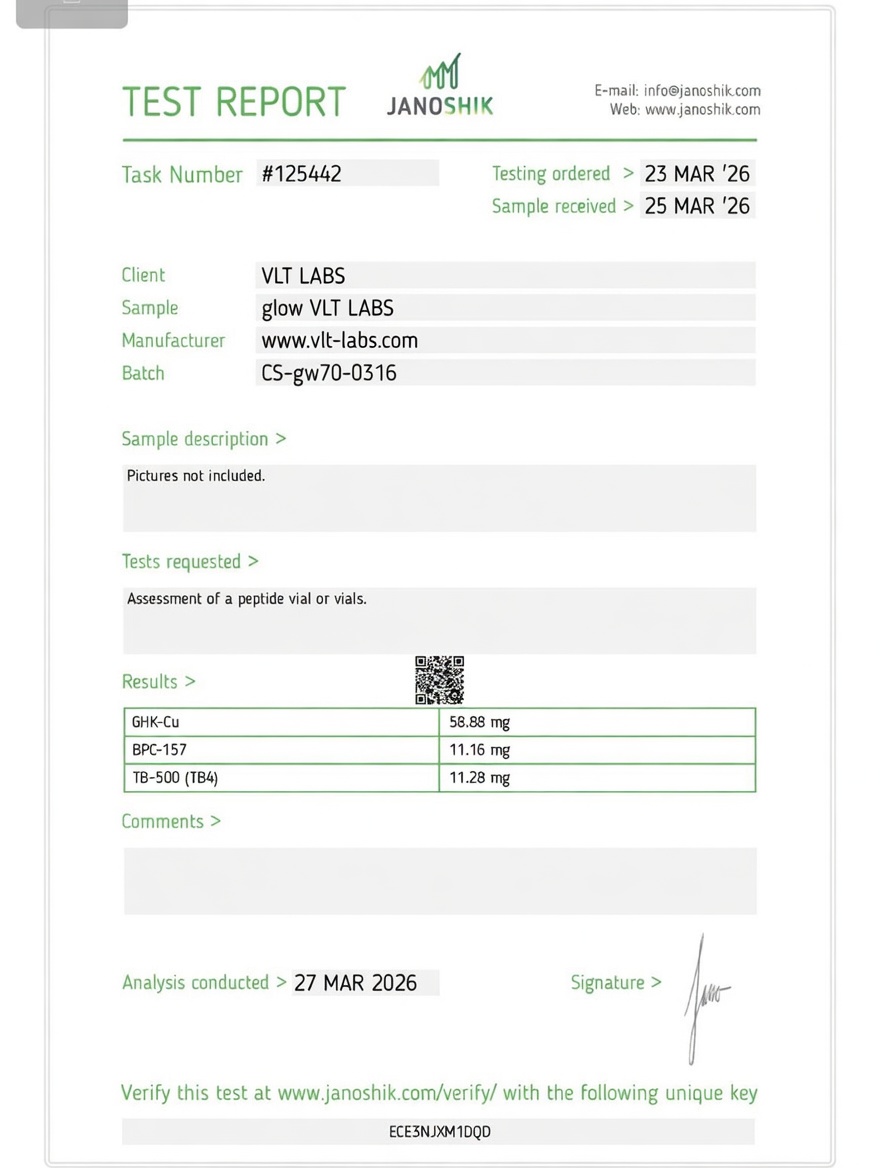 Analysecertificaat voor Glow70, batch CS-gw70-0316